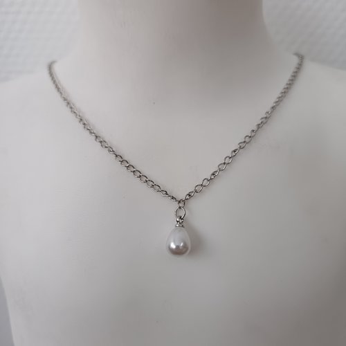 Collier à chaîne en acier inoxydable, collier mi long, accessoire bijou pour femme, collier à perles de larme et blanches