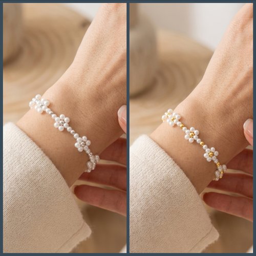 Bracelet fleurs en perles tissé à la main, doré ou argenté au choix, bracelet délicat en perles nacrées, bijou artisanal femme