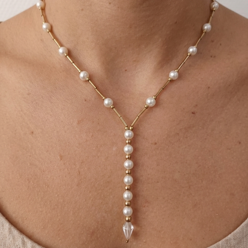 Collier ras du cou perles blanches et dorées fait main, collier y élégant bohème chic femme