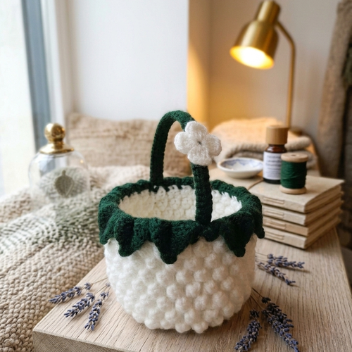 Panier décoratif au crochet, popcorn blanc et vert, rangement miniature