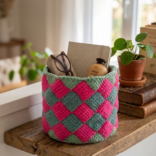 Panier de rangement au crochet tunisien fait main, coton, 11 cm, pièce artisanale
