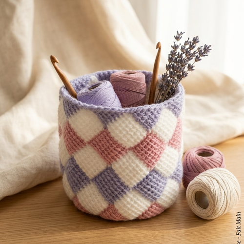 Panier de rangement au crochet tunisien fait main, pièce artisanale