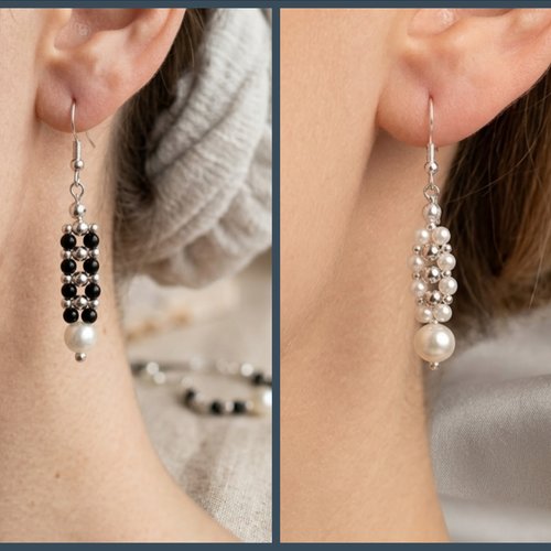Boucles d’oreilles pendantes en perles nacrées et argentées, style chic et fait main