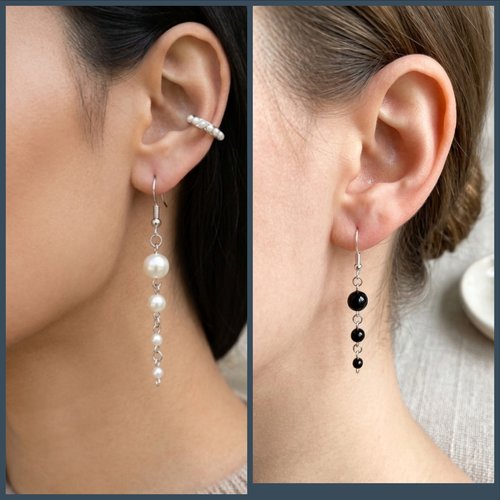 Boucles d’oreilles pendantes asymétriques. (blanches ou noires), fait main
