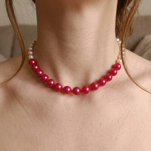Collier ras du cou perles nacrées bicolores, rouge et blanc, fait main