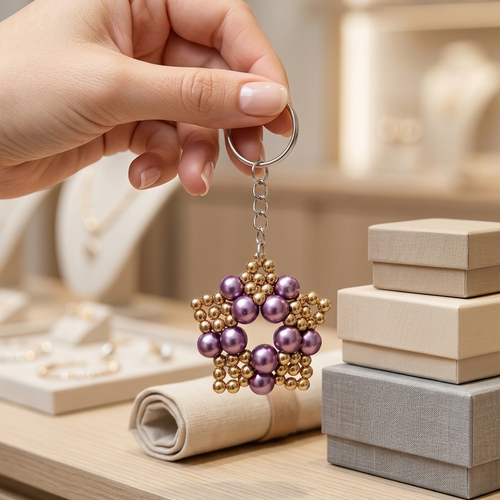 Porte clés étoile en perles violettes et dorées fait main, bijou de sac artisanal élégant