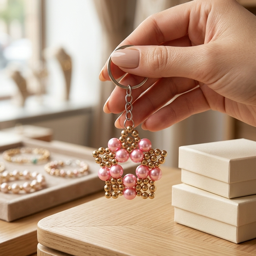 Porte clés fleur en perles rose et doré fait main, bijou de sac artisanal élégant