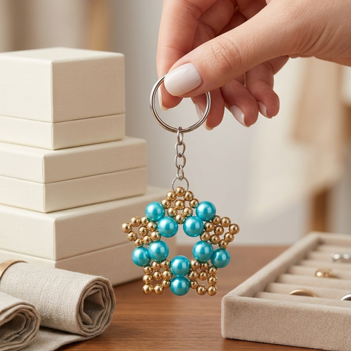 Porte-clés étoile en perles turquoise et dorées fait main, bijou de sac artisanal