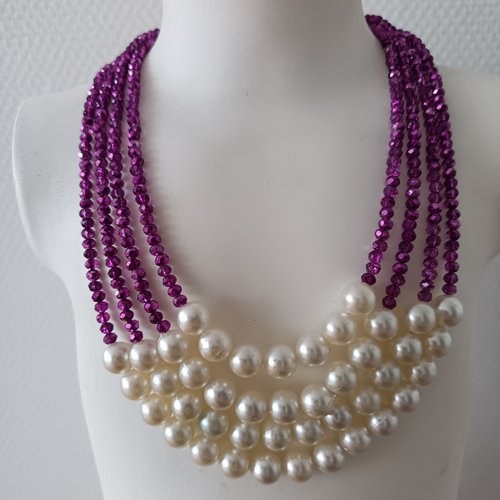 Collier fantaisie, collier blanche nacré perles de cristal 4 rangs fait main, accessoire bijou pour femme