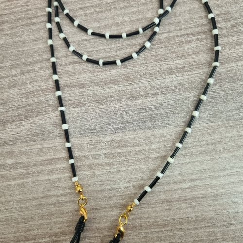 Cordon chaîne à lunettes en perles tubes noires et perles blanches, porte attache lunettes