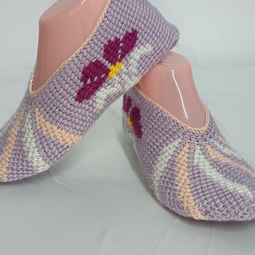 Chaussons au crochet tunisien 38 39 40, chaussons au crochet motif fleur, chaussons pour femme