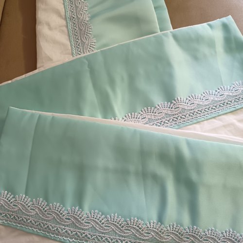 Parure de lit simple, linge de lit fait main, drap plat coton neuf, parure 3 pièces, drap satin dentelle, taies d’oreiller assorties,