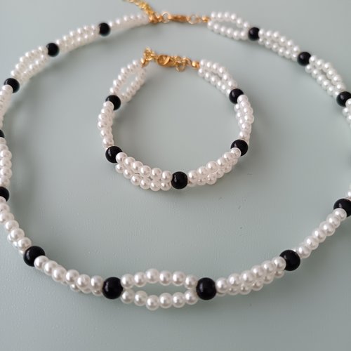 Ensemble de bijoux en perles blanches et noires, accessoire femme fait main, collier perles blanches, bracelet  blanc,