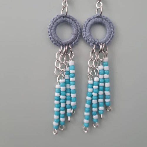Boucles d'oreilles crochet et perles, anneaux coton bleu, fait main