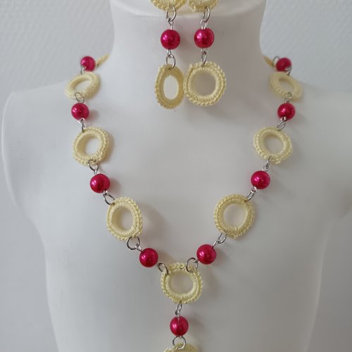 Ensembles de bijoux crochet et perles fait main, collier et boucles d'oreilles, parure élégance chic, idée cadeau femme