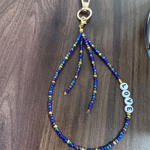 Porte-clés perles, bijou fait main perles bleues dégradées,dorées.