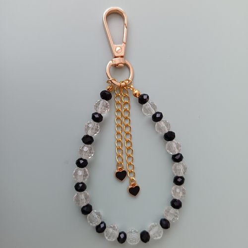 Porte clés perles, bijou bohème fait main, cœur et perles noires transparentes, idée cadeau femme