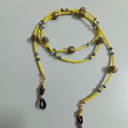 Chaîne de lunettes en perles jaune et doré faite main. accessoire bohème chic 80 cm