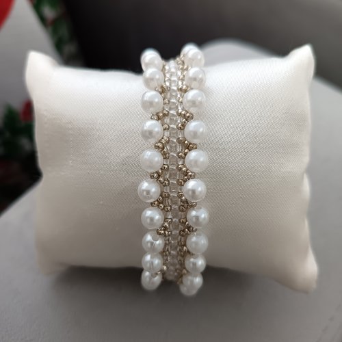 Bracelet perles tissé main élégant, bracelet perles blanches chic, bijou artisanal femme