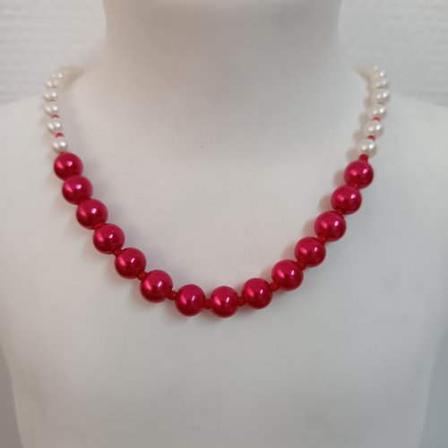Collier ras du cou perles nacrées bicolores, rouge et blanc, fait main