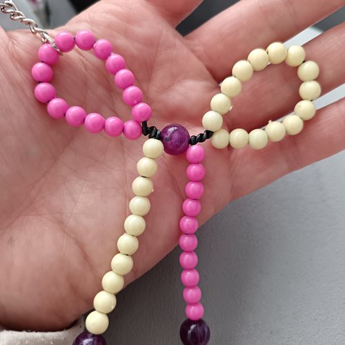 Porte-clés papillon en perles rose et blanc fait main, bijou de sac kawaii artisanal