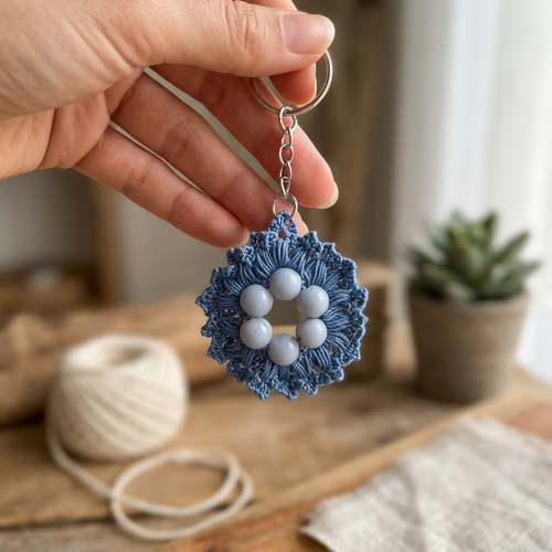 Porte-clés fleur au crochet avec perles, bijou de sac fait main, cadeau artisanal original