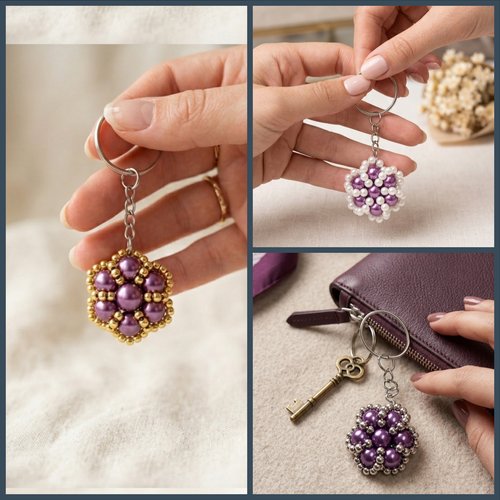 Porte-clés perles fait main violet – bijou de sac artisanal, cadeau original, couleur au choix