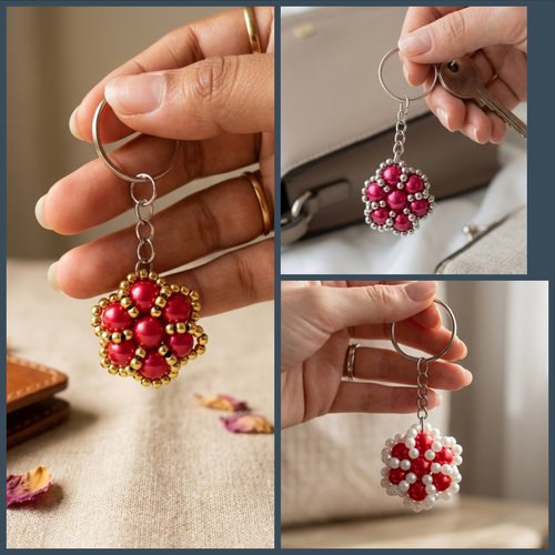 Porte-clés en perles rouges fait main, bijou de sac artisanal, cadeau original personnalisable, couleurs au choix