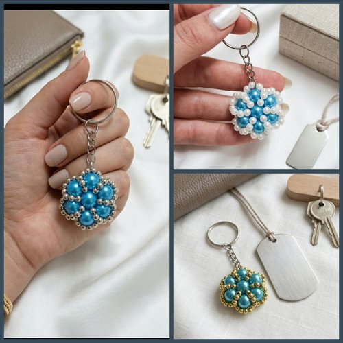 Porte-clés en perles bleues fait main, bijou de sac artisanal personnalisable, cadeau original femme, couleur au choix