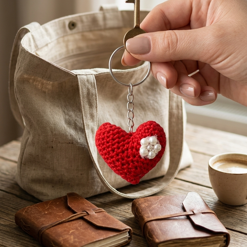 Porte-clés cœur au crochet amigurumi rouge, fleur de perles blanches, argenté au centre, cadeau romantique, accessoire sac et clés