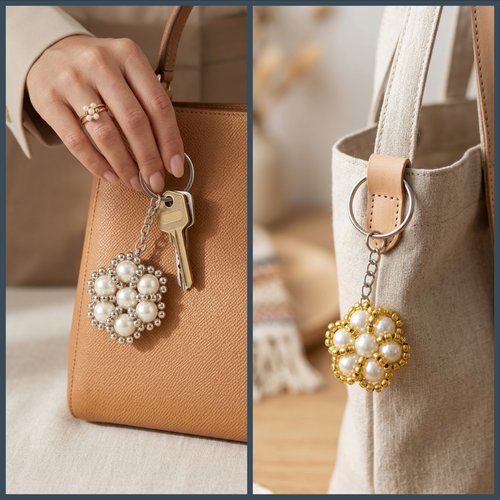 Porte clés perles blanches fait main doré ou argenté, bijou de sac élégant