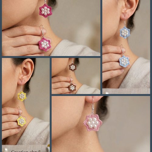 Boucles d’oreilles au crochet avec perles nacrées, fait main, fleur étoile, plusieurs couleurs au choix