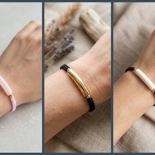 Bracelet macramé cordon coulissant avec perle tube couleur au choix, bracelet ajustable fait main