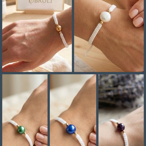 Bracelet macramé tressé blanc avec perle naturelle, cordon coulissant réglable, bijou artisanal fait main, couleur de perle au choix