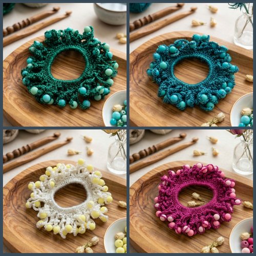 Chouchou crochet avec perles, couleur au choix, fait main, élastique cheveux bohème et élégant