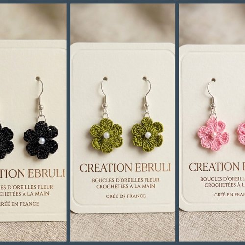 Boucles d'oreilles fleur au crochet avec perle, fait main, couleur au choix, bijou artisanal femme