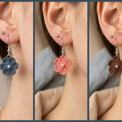 Boucles d’oreilles fleurs au crochet avec perle, fait main, couleur au choix, vendues par paire