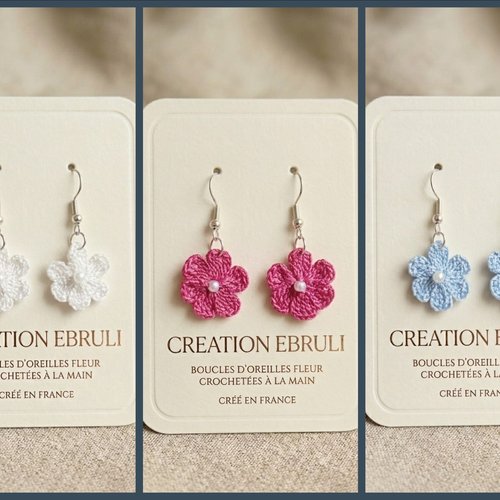 Boucles d'oreilles fleur au crochet avec perle, fait main en fil polyester, blanc, rose ou bleu,