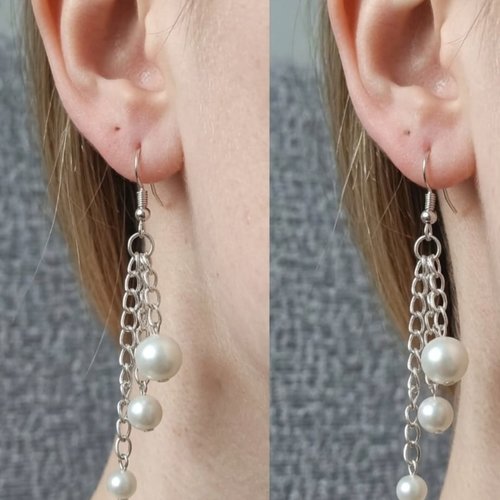 Boucles d’oreilles pendantes perles blanches argentées, bijou fait main élégant et raffiné, création artisanale femme