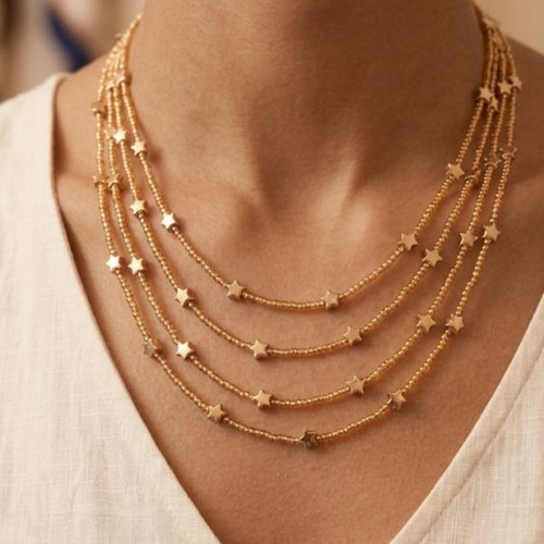 Collier 4 rangs perles dorées et étoiles, fait main, bijou élégant bohème chic