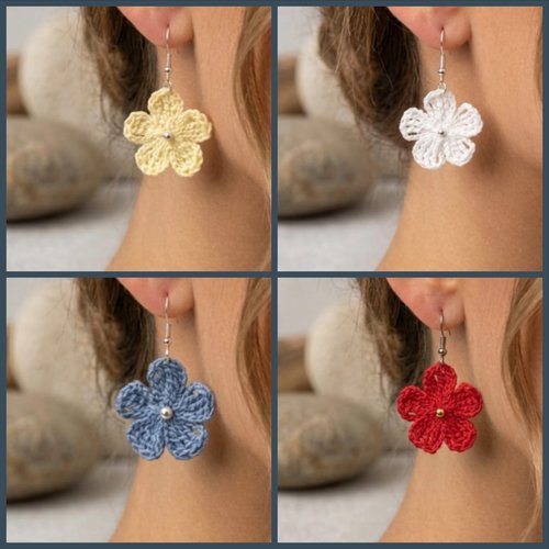Boucles d'oreilles fleur au crochet en coton, couleur au choix, vendues par paire, bijou artisanal fait main