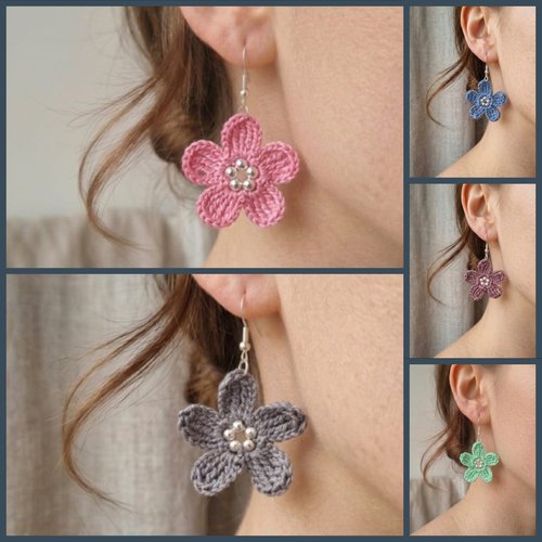 Boucle d’oreille fleur au crochet en coton et perles, fait main, disponible en plusieurs couleurs, vendue à l’unité