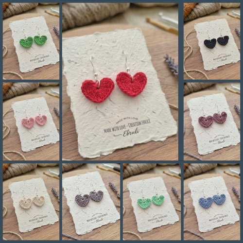 Boucles d’oreilles cœur au crochet en coton, fait main, couleur au choix, bijou romantique léger, vendues par paire