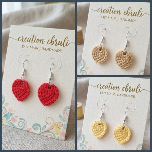 Boucles d'oreilles cœur au crochet tunisien en coton mercerie, fait main, couleur au choix