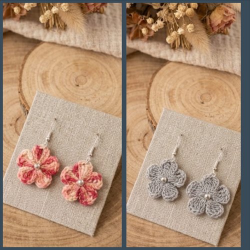 Boucles d’oreilles fleur au crochet avec perle centrale, coloris au choix, fait main, légères et élégantes, vendues par paire