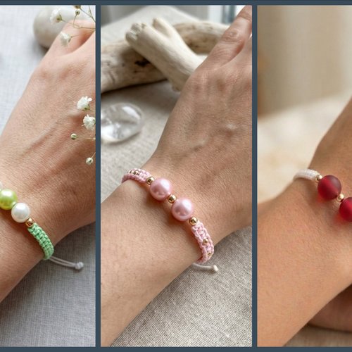Bracelet macramé ajustable avec perles centrales, fait main, couleur au choix, cadeau femme bohème chic