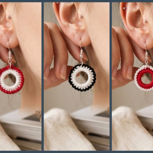 Boucles d'oreilles créoles au crochet en coton, couleur au choix, fait main, légères et originales, vendues par paire