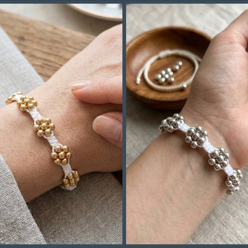 Bracelet macramé perles fleur tressé, cordon coulissant réglable doré ou argenté, bijou fait main bohème chic, couleur au choix