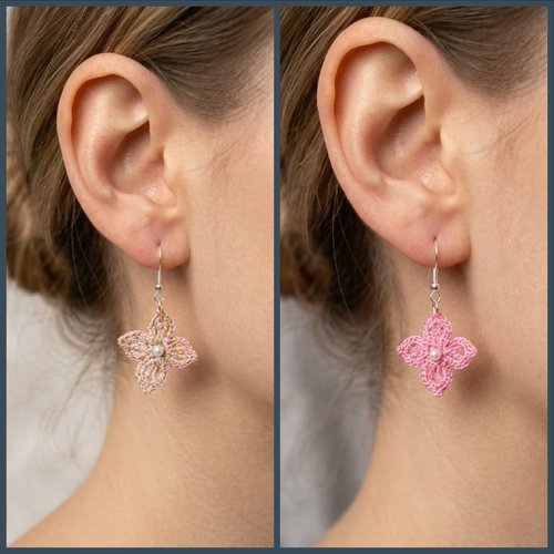 Boucle d'oreille fleur au crochet en fil polyester, fait main, couleur au choix, vendue à l'unité, livraison gratuite