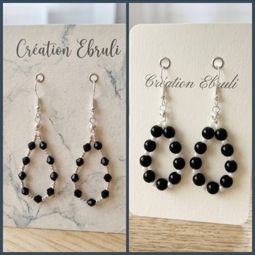 Boucles d’oreilles goutte en perles noires et argentées, modèle au choix, bijou fait main, vente à l’unité